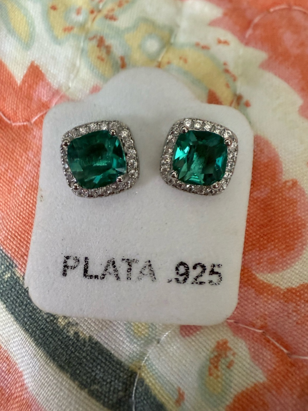 Sterling Silver Emerald-Green Cushion Halo Stud Earrings